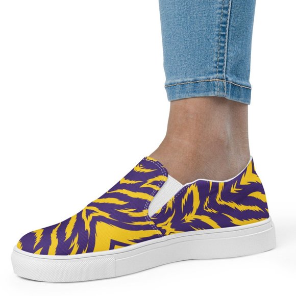 Shoes - NEW Purple Gold Tiger Stripes Game Day Womens Comfy Slip On Shoes